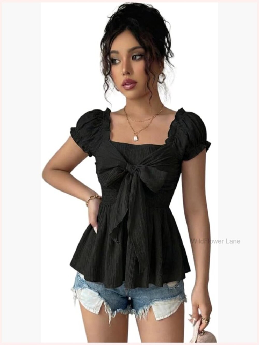 Puff Sleeve Peplum Top with Bow Front Empire Waist Blouse